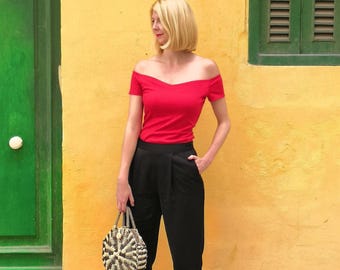 Red Off Shoulder Top. Red Summer Top. Womens Off the Shoulder Top. Red Off Shoulder T-Shirt with Secret Support. Red Fitted Summer Top