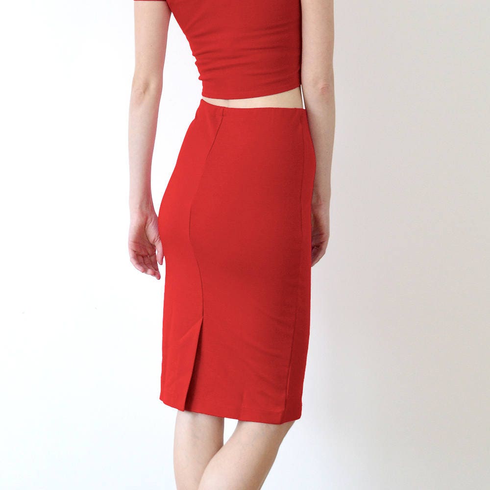 RED PENCIL SKIRT Womens High Waisted Skirt Bright Red Stretch Jersey Tube Skirt Panelled Midi Bodycon Skirt Knee Length Casual Skirt Etsy UK