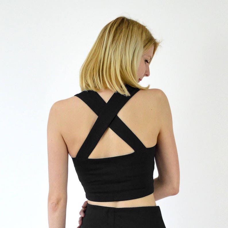 KIRSTEN Two Piece Jersey Crop Top Bralet and High Waisted Pencil Skirt Set in Black image 4