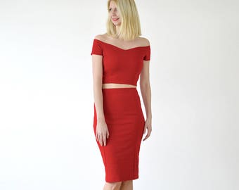 AUDREY | Red Womens Two Piece Off Shoulder Crop Top with Matching Pencil Skirt.  High Waisted Skirt with Strapless Top