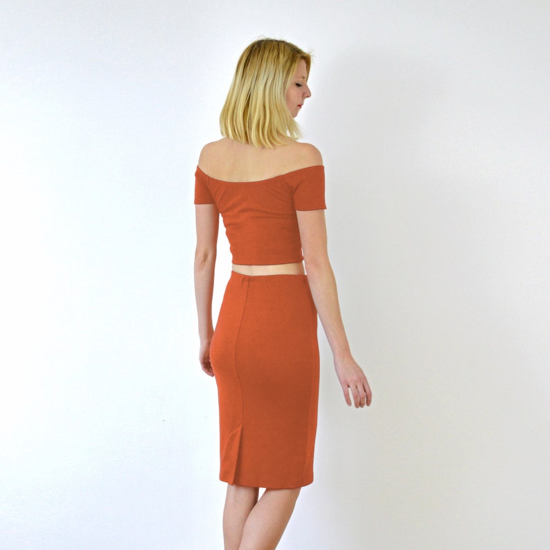 PENCIL SKIRT High Waisted Panelled Pencil Skirt in Burnt Orange. Jersey Pencil Skirt. Womens Fitted Midi Skirt. Knee Length Tube Skirt image 10