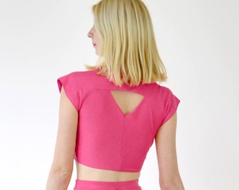 TIE UP TOP | Cut-Out Crop Top in Hot Pink. Tie Front Vintage Style Pink Crop Top. Vintage Beach Cover Up Pin-Up Top. Festival Crop Tops