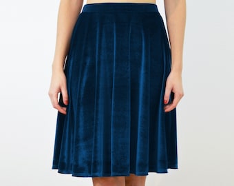 VELVET SKATER SKIRT | Navy Blue High Waist Velvet Skirt. Blue Velvet Circle Skirt. Womens Party Skater Skirt. Christmas Party Skirt