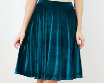 VELVET SKATER SKIRT High Waist Teal Blue Velour Skater Skirt