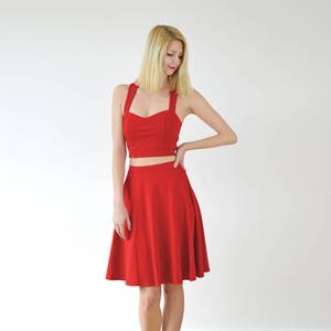 GRACE Two-Piece Crop Top & Skater Skirt Co-Ord Set in Bright Red. Two Piece Vintage Style Dress Outfit with Cut Out Midriff image 6