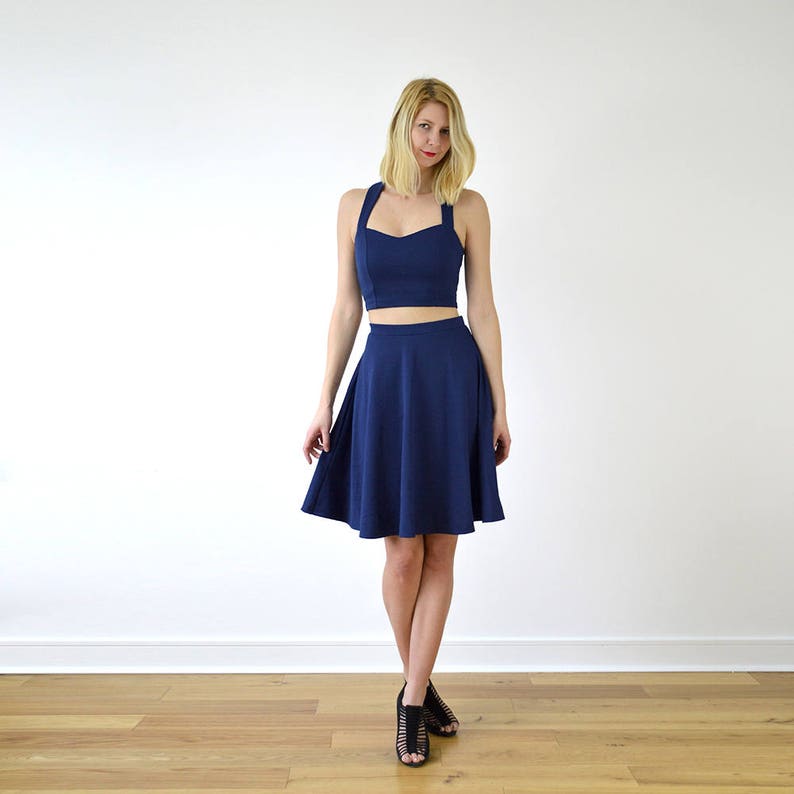 GRACE Vintage Style Womens Two Piece Dress Set. High Waist Midi Skater Skirt with Sweetheart Neck Cropped Top in Navy Blue image 6