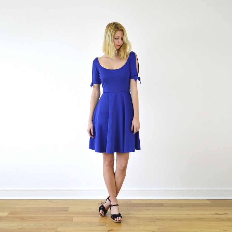 NANETTE Split Sleeve Skater Dress with Tie-Up Bows in Royal Blue. Midi Circular Skirt Dress with Deep Scoop Neck Cold Shoulder Sleeve image 7