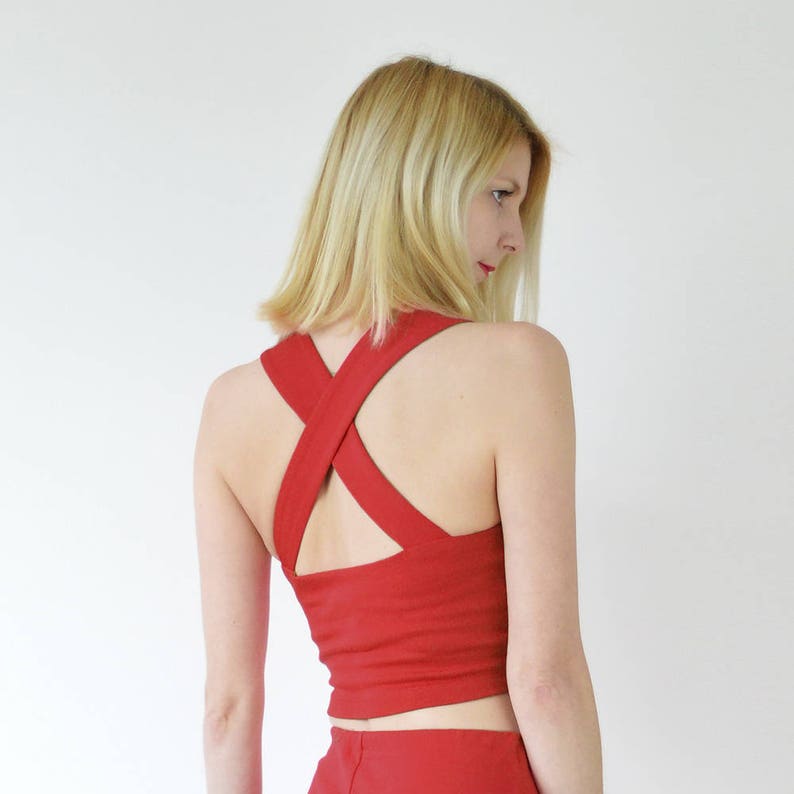 STRAPPY CROP TOP Womens Red Summer Crop Top. Red Stretch Jersey Bralet Top. Vintage Style Fitted Jersey Top with Cross Back Straps image 2