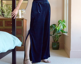 BLUE VELVET TROUSERS Navy Wide Leg Womens Lounge High