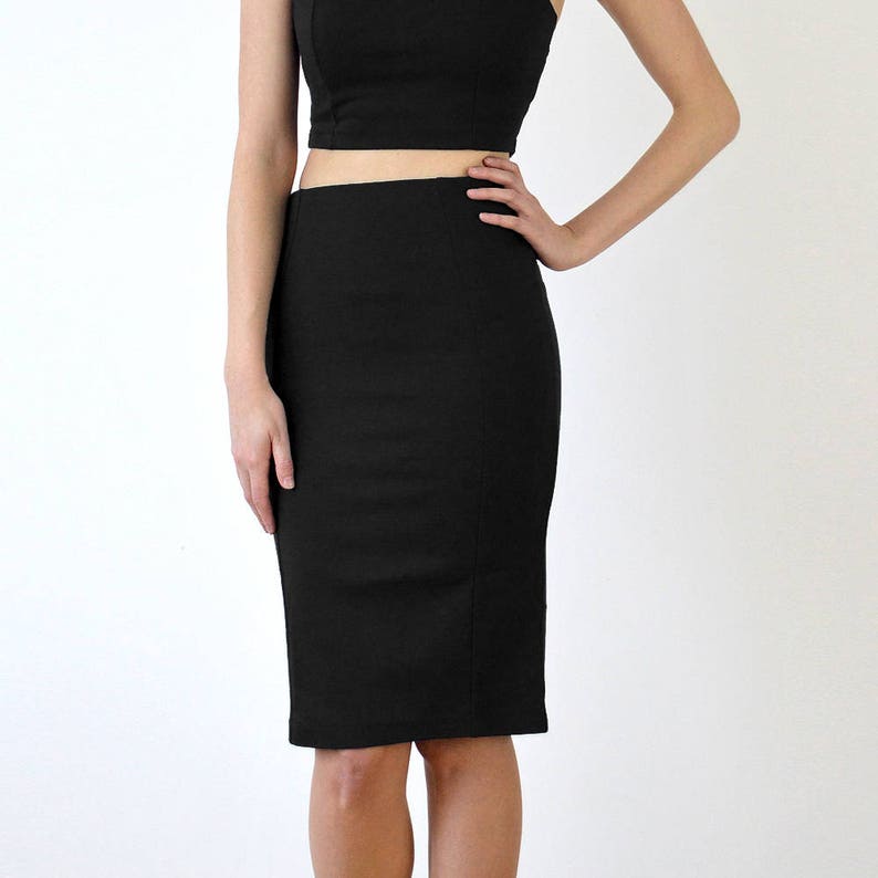 KIRSTEN Two Piece Jersey Crop Top Bralet and High Waisted Pencil Skirt Set in Black image 5