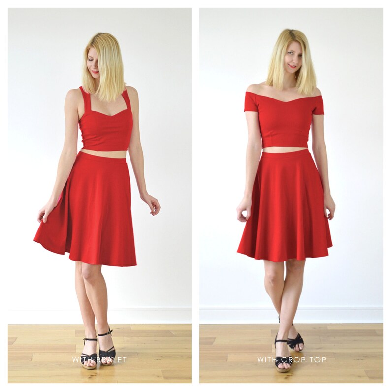 GRACE Two-Piece Crop Top & Skater Skirt Co-Ord Set in Bright Red. Two Piece Vintage Style Dress Outfit with Cut Out Midriff image 9