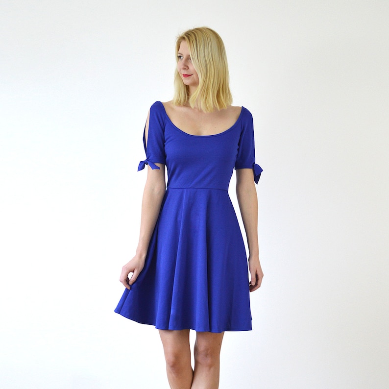 NANETTE Split Sleeve Skater Dress with Tie-Up Bows in Royal Blue. Midi Circular Skirt Dress with Deep Scoop Neck Cold Shoulder Sleeve image 1