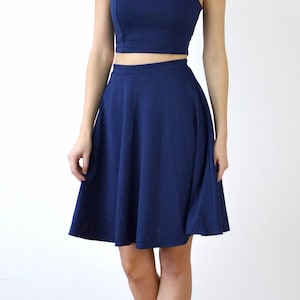 NAVY SKATER SKIRT High Waisted Flared Skater Skirt Navy Blue Womens Midi Skirt Elastic Waist. Semi Circle Skirt. Blue Womens Summer Skirt