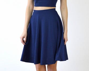 SKATER SKIRT | High Waisted Floaty Skater Skirt in Navy Blue. Womens Midi Length Elastic Waist Semi Circle Skirt. Blue Womens Skirt