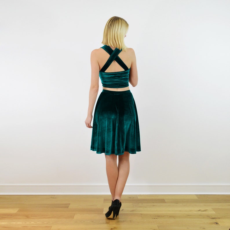 GRACE Two Piece Dress in Green Velvet. Velvet Crop Top and Skater Skirt Set. Vintage Style Strappy Bralet & High Waist Midi Skater Skirt image 2