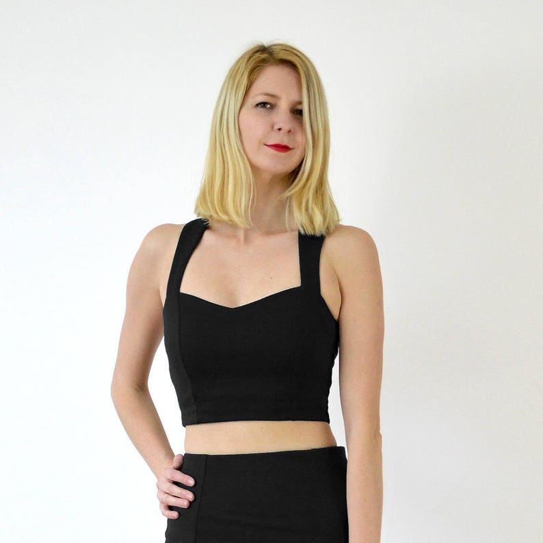 KIRSTEN Two Piece Jersey Crop Top Bralet and High Waisted Pencil Skirt Set in Black image 3