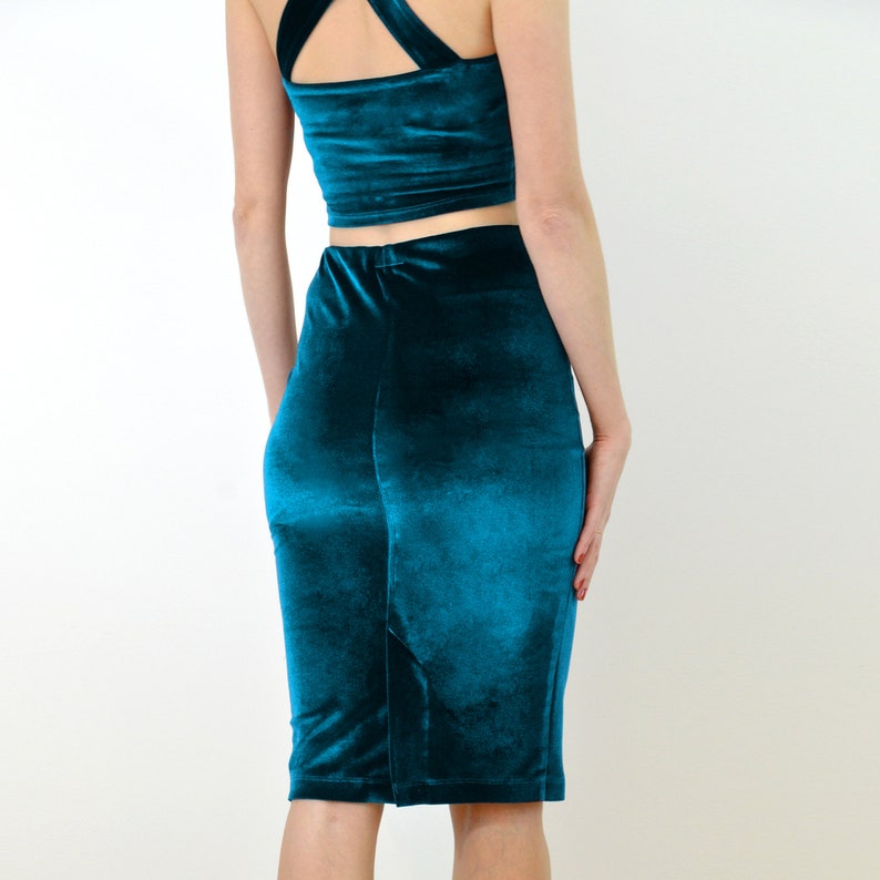 VELVET PENCIL SKIRT  Womens High Waist Velvet Pencil Skirt in image 2