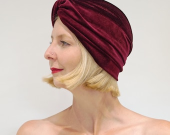 LOLA | Luxury Red Velvet Lined Turban Cap. Twist Front Pleated Velvet Headcover Winter Cloche Hat. Pin Up Headwrap Christmas Gift for Her