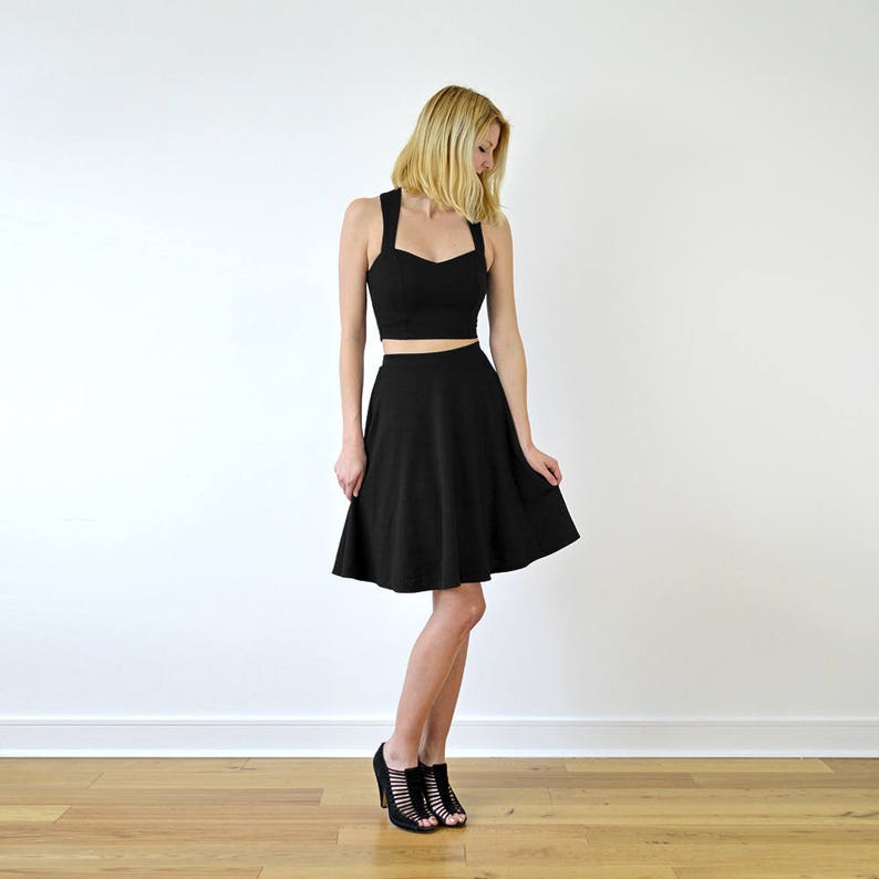 GRACE Two-Piece Skater Skirt and Crop Top Co-Ord Set in Black. Elegant Strappy Crop Top and Skirt Set Inspired by Grace Kelly image 1