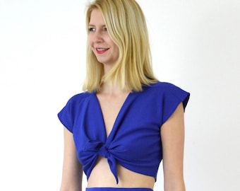 TIE UP TOP | Throw On Beach Cover Up Crop Top in Royal Blue. Riviera Style Tie Front Vintage Top. Summer Holiday/Vacation Tie Cropped Top