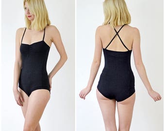 Una Sexy Stretch Black Bodysuit. Vintage Style One Piece Tube Top with Straps & Contour Panels. Fitted Womens Body Suit with Low Cut Leg