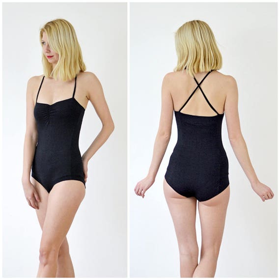 Una Sexy Stretch Black Bodysuit. Vintage Style One Piece Tube Top With  Straps & Contour Panels. Fitted Womens Body Suit With Low Cut Leg 