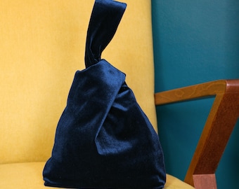 Navy Velvet Wristlet Clutch – Evening Slouch Knot Bag for Parties & Special Occasions
