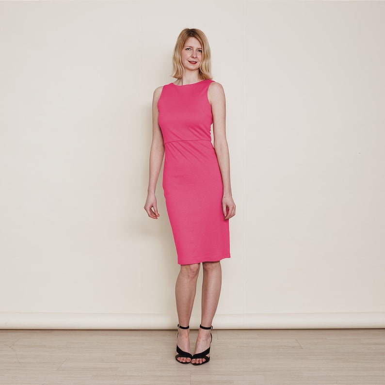MARILYN  Hot Pink Sleeveless Scoop Neck Dress. Pink Pencil image 7
