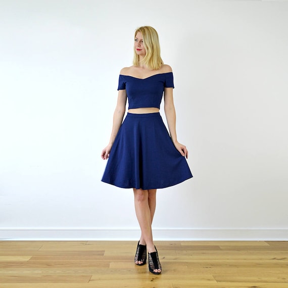 COCO Elegant Two Piece Dress Crop Top and Skater Skirt Set in Navy