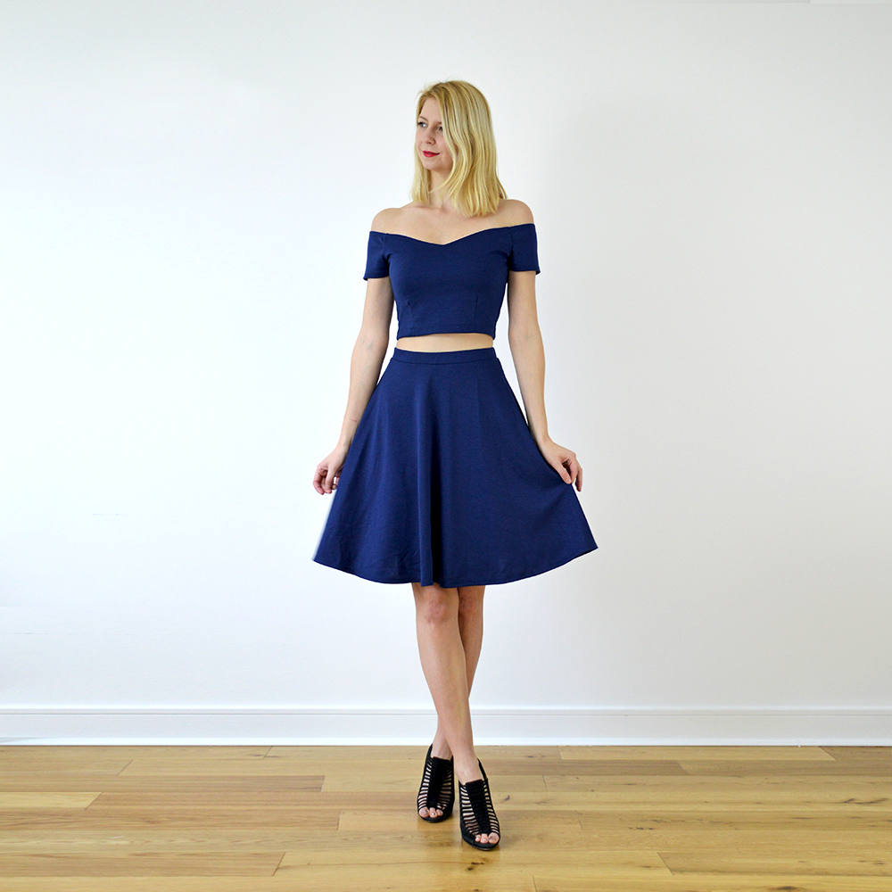 Image of Coco | Elegant Two Piece Dress Crop Top & Skater Skirt Set in Navy Blue. Womens Vintage Style Summer Outfit, Garden Party, Wedding