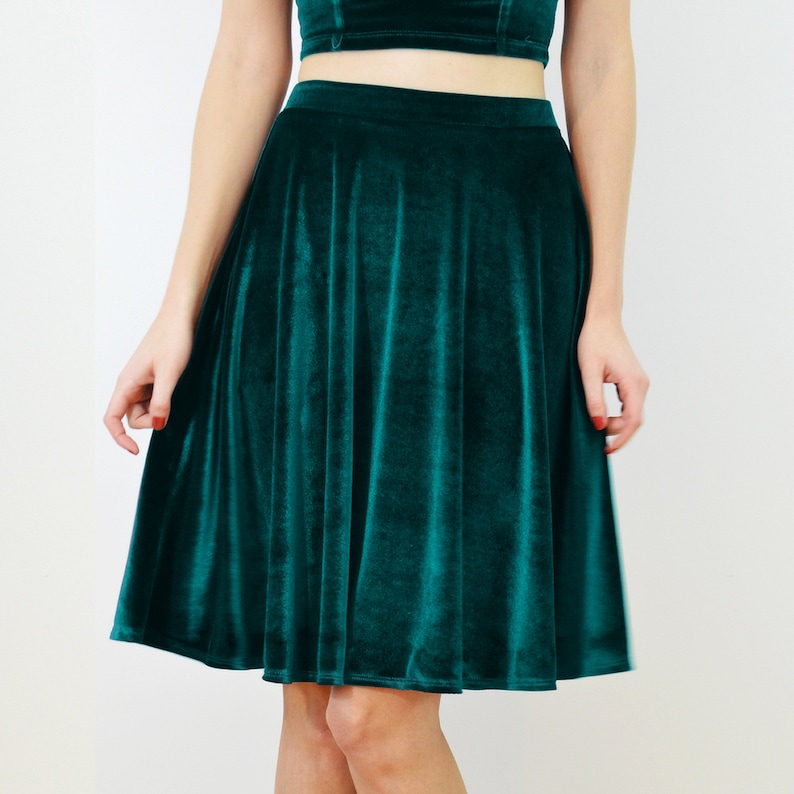 GRACE Two Piece Dress in Green Velvet. Velvet Crop Top and Skater Skirt Set. Vintage Style Strappy Bralet & High Waist Midi Skater Skirt image 5