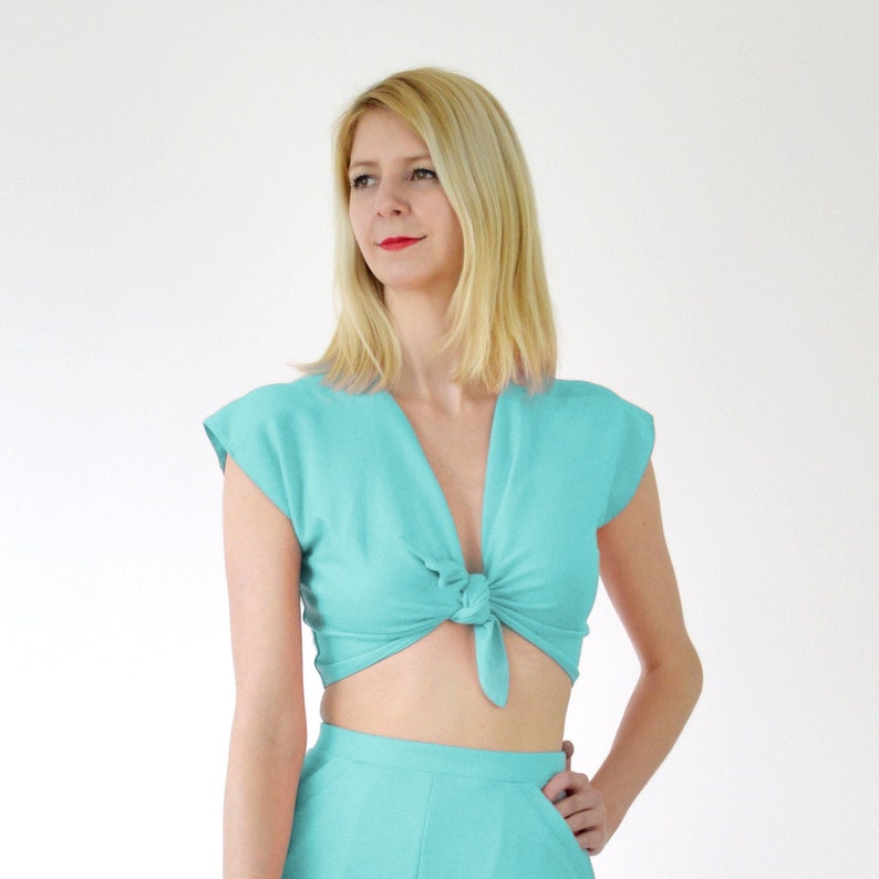 TIE UP TOP Womens Tie Up Crop Top in Mint Green/Aqua Blue. Cropped Beach Cover Up Wrap Top. Vintage Style Top. Festival Crop Tops image 1