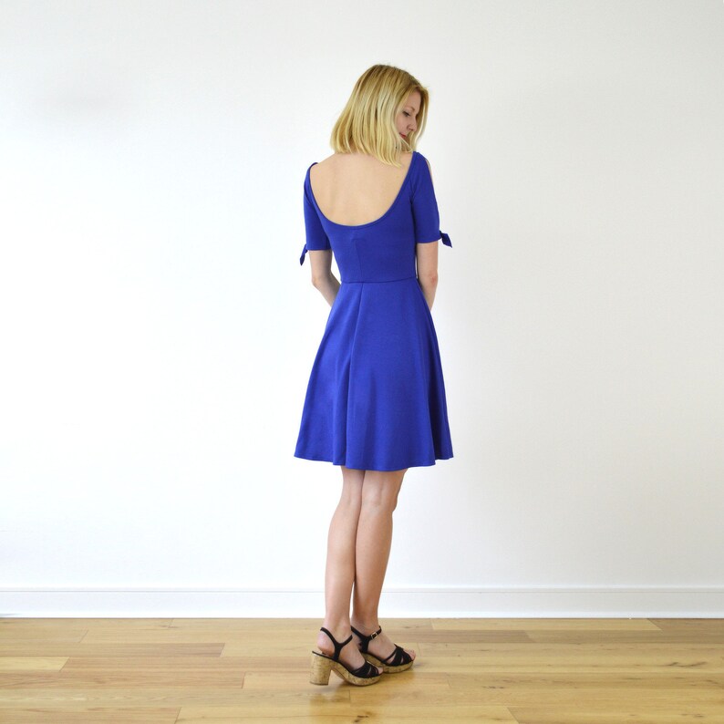 NANETTE Split Sleeve Skater Dress with Tie-Up Bows in Royal Blue. Midi Circular Skirt Dress with Deep Scoop Neck Cold Shoulder Sleeve image 2