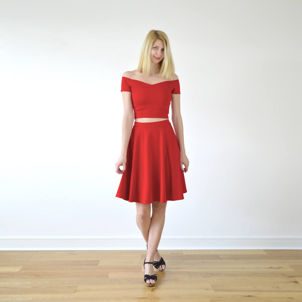 Image of Coco | Ladies Two-Piece Crop Top & Skater Skirt Co-Ord Set in Bright Red. Matching & For Womens Summer