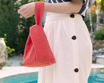 KNOT BAG | Handmade Cotton Japanese Wrist Bag Coral Orange. Textured Casual Cotton Purse. Small Vintage-Style Summer Accessory. Gift for Her