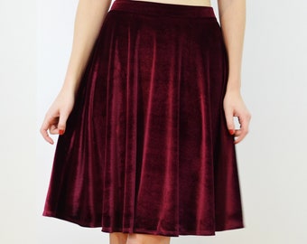 VELVET SKATER SKIRT | Women's Red Velvet Midi Skater Skirt. Christmas Party Skirt. Velour High Waisted Going Out Skirt