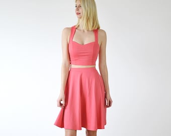 GRACE |  Two-Piece Crop Top & Skater Skirt Set in Coral Pink. Womens Matching Co Ords Set with Circular Skirt and Strappy Bodycon Top
