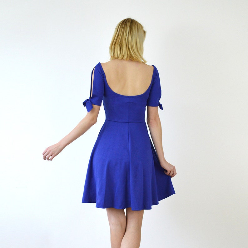 NANETTE Split Sleeve Skater Dress with Tie-Up Bows in Royal Blue. Midi Circular Skirt Dress with Deep Scoop Neck Cold Shoulder Sleeve image 6