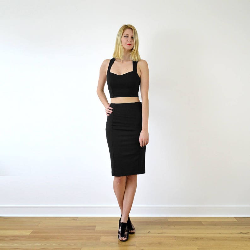 KIRSTEN Two Piece Jersey Crop Top Bralet and High Waisted Pencil Skirt Set in Black image 7