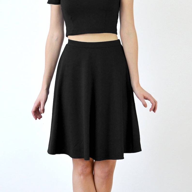 SKATER SKIRT Black Womens Skater Skirt with High Waist. Stretch Jersey Elastic Waist Knee Length Skirt. Womens Everyday A-Line Black Skirt image 1