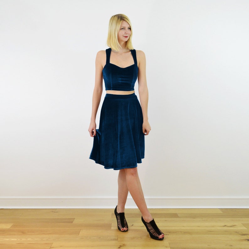 GRACE Velvet Bralet and Matching Skirt Set Navy Blue. Blue Velvet Skater Skirt Set. Velvet Crop Top with Skirt. Navy Christmas Party Dress image 1