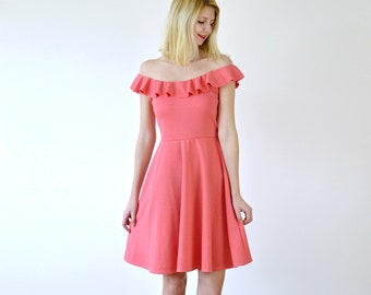 GINGER | Off-Shoulder Midi Dress with Ruffle Trim. Bardot Neck Circle Skirt Summer Dress in Coral Pink.