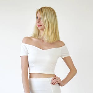 OFF SHOULDER TOP | White Off the Shoulder Top. Fitted Crop Top. Short Sleeve Bardot Top.  White Crop Top.