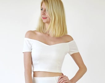 OFF SHOULDER TOP | White Off the Shoulder Top. Fitted Crop Top. Short Sleeve Bardot Top.  White Crop Top.