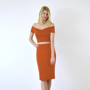 PENCIL SKIRT High Waisted Panelled Pencil Skirt in Burnt Orange. Jersey Pencil Skirt. Womens Fitted Midi Skirt. Knee Length Tube Skirt image 9