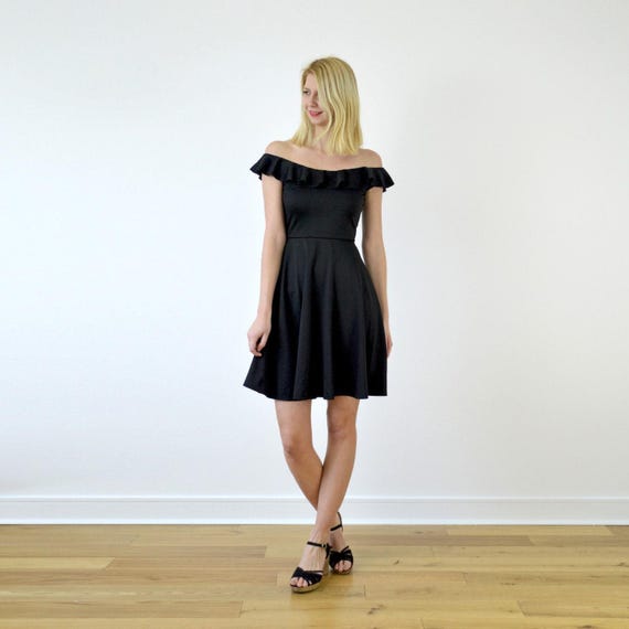 Off Shoulder Skater Dress Black Knee Length Flared Skater Dress