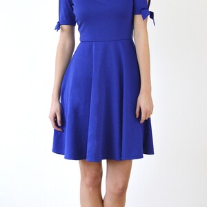 NANETTE Split Sleeve Skater Dress with Tie-Up Bows in Royal Blue. Midi Circular Skirt Dress with Deep Scoop Neck Cold Shoulder Sleeve image 5