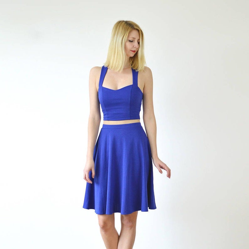 GRACE Two-Piece Crop Top & Skater Skirt Set in Royal Blue. Womens Matching Co Ords Set with Circular Skirt and Strappy Bodycon Top image 1