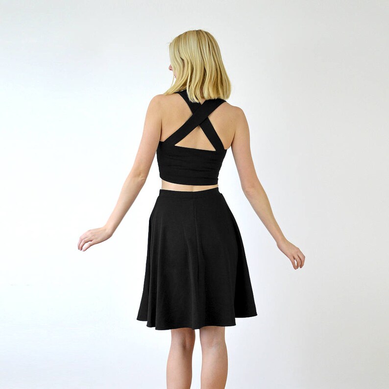GRACE Two-Piece Skater Skirt and Crop Top Co-Ord Set in Black. Elegant Strappy Crop Top and Skirt Set Inspired by Grace Kelly image 2