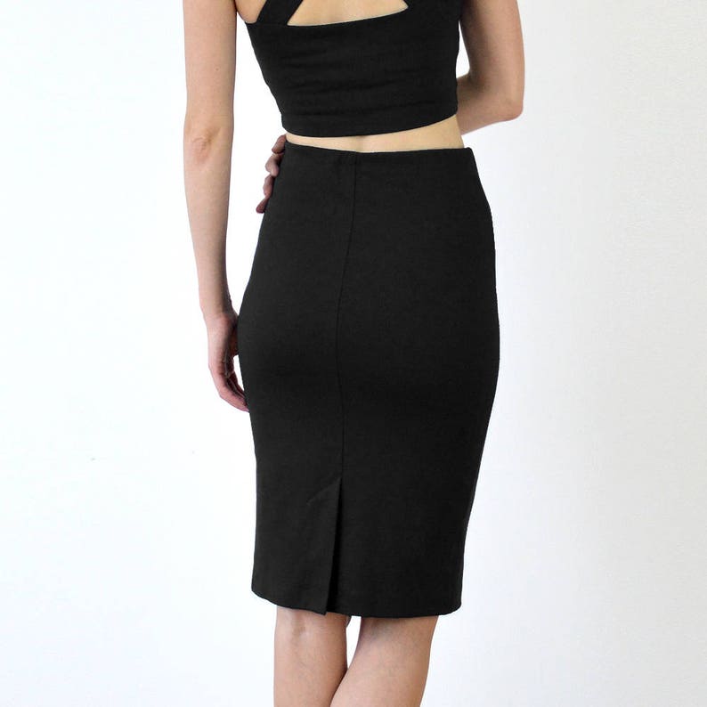 KIRSTEN Two Piece Jersey Crop Top Bralet and High Waisted Pencil Skirt Set in Black image 6